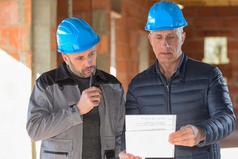 A homeowner reviews a contractor’s license and insurance documents at a kitchen table.